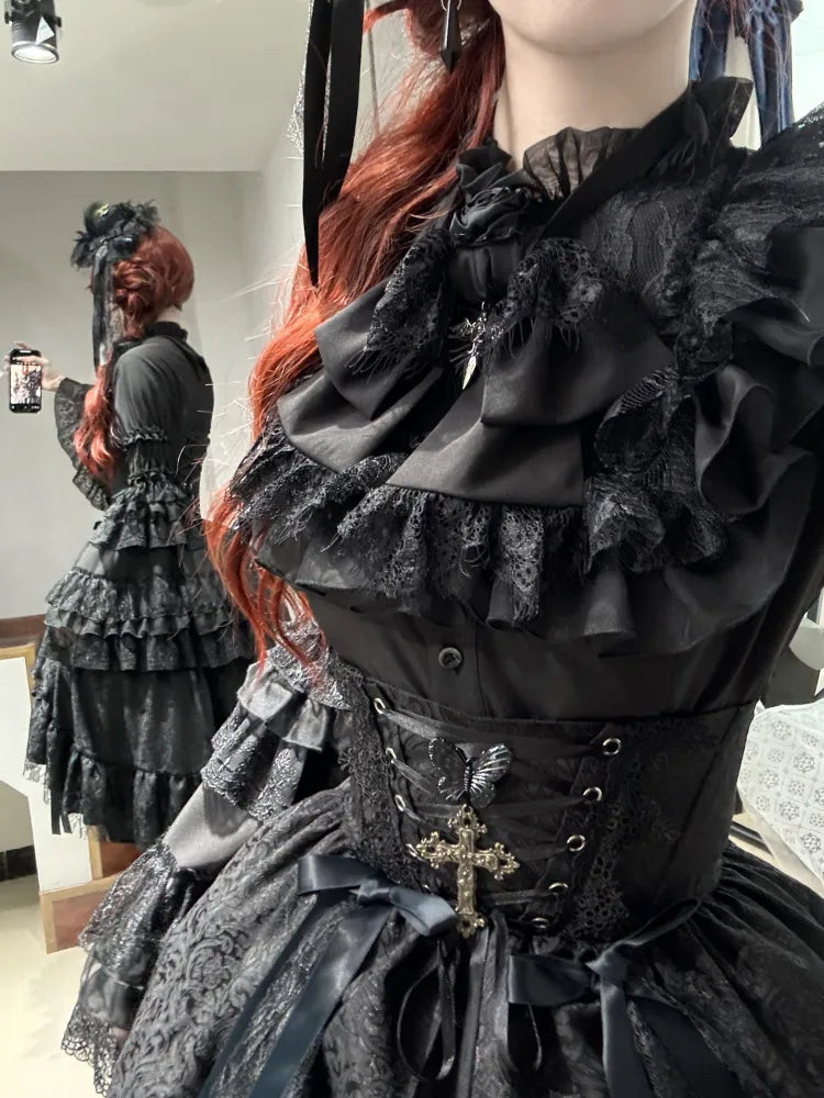Shirt Layered with Gothic Sleeves Bowtie All Kuro Bell Black Lolita
