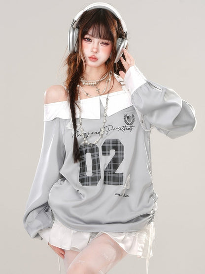 Grey Numbers Print Buckle Strap Halter Sporty Top Drawstring Waist