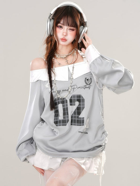 Grey Numbers Print Buckle Strap Halter Sporty Top Drawstring Waist