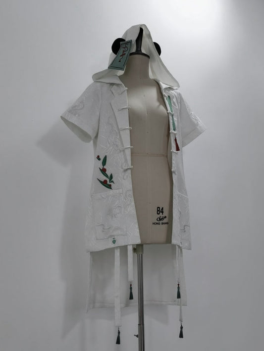 ホワイト竹の葉ジャカードパンダ耳フード付きコート