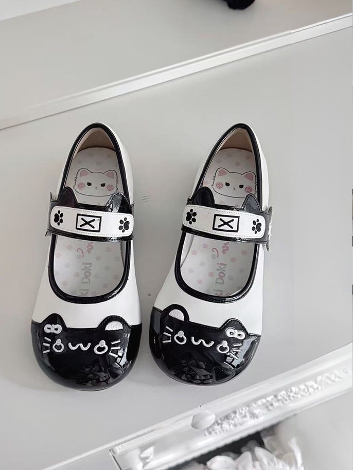 Straps - Print Round Mary Low-heel Cat Paw Ear Stitching Cute Janes Kitty in Toe PU Adorable Black with