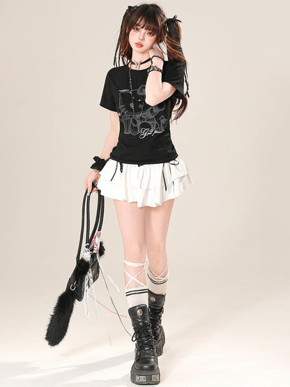 レターブラック/ホワイトキティビタースイートTシャツプリントとグラマラス