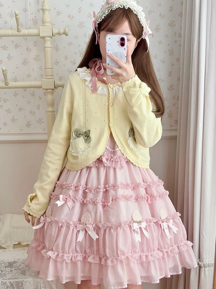 イエローの長袖レモンアップリケカーディガン