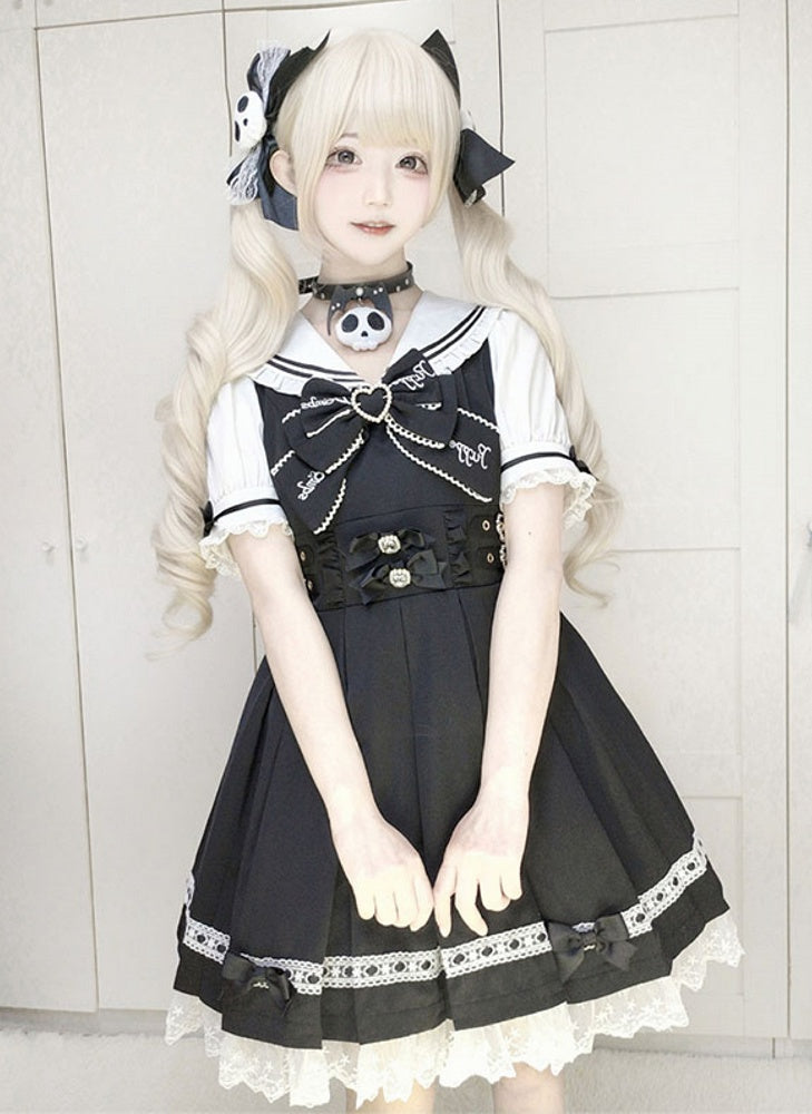 Heart Pink Sailor Collar Jirai Kei Dress Black/Light Back Bow with Self-tie Buckles