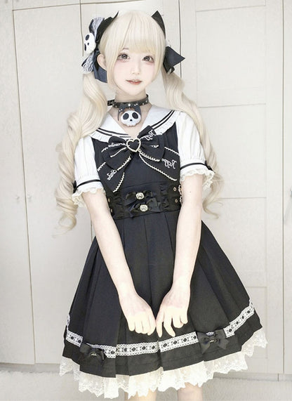 Heart Pink Sailor Collar Jirai Kei Dress Black/Light Back Bow with Self-tie Buckles
