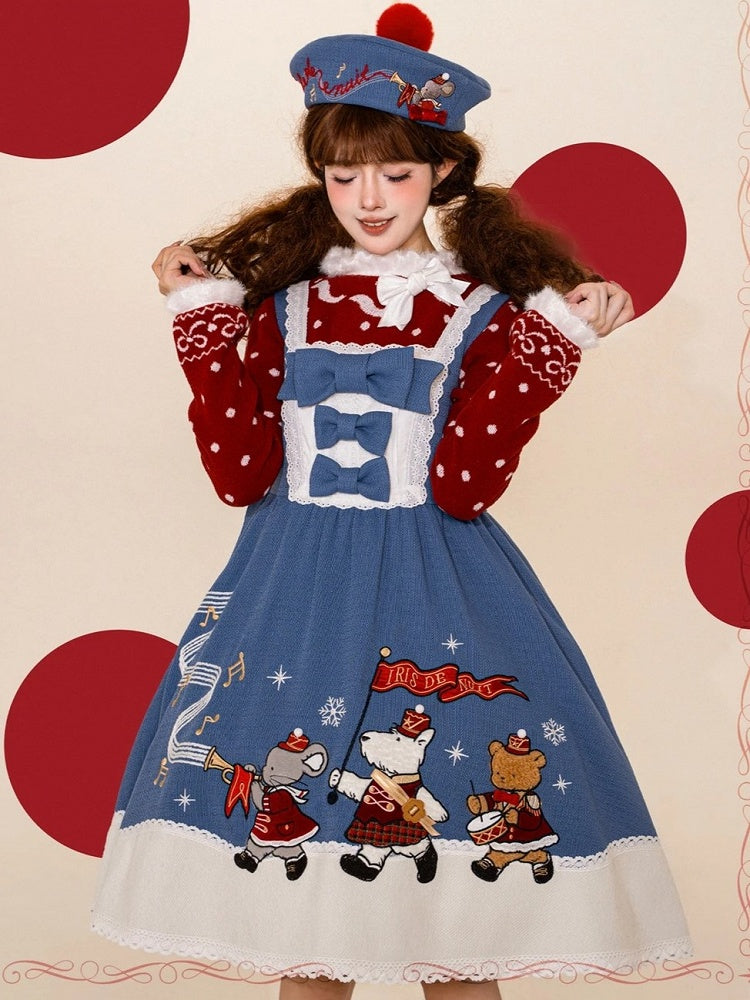 Kawaii Blue A-line Dress with Animal Embroidery Patchwork & Bowknots - iris de nuit