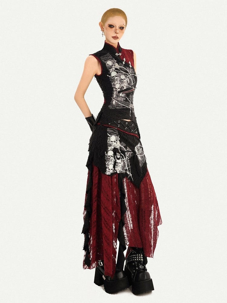 Gothic Black Strap Skirt with Asymmetrical Hem