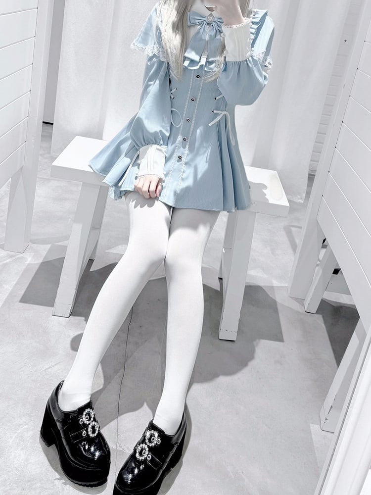 Matching Cape Design Long-Sleeve + Tie Kei Striped Bow Set Lace-Up Shorts Blue Jirai Dress