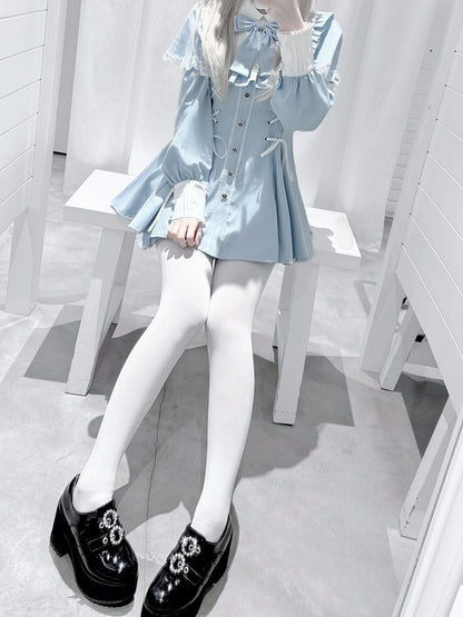 Matching Cape Design Long-Sleeve + Tie Kei Striped Bow Set Lace-Up Shorts Blue Jirai Dress