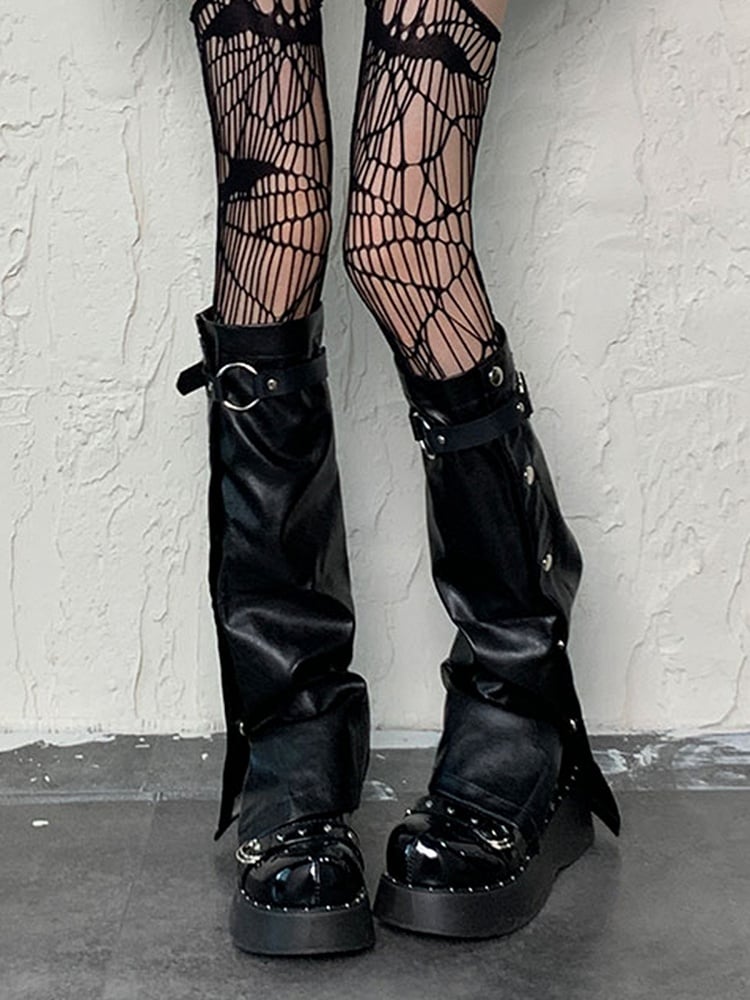 Punk Leg Sleeves with Buckle Straps in Black PU - Bokior