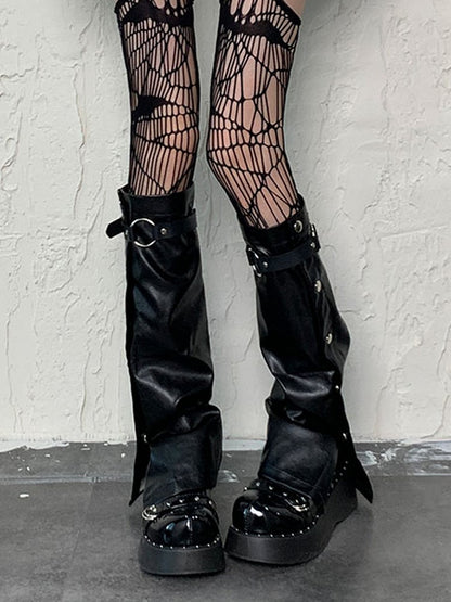 Punk Leg Sleeves with Buckle Straps in Black PU - Bokior