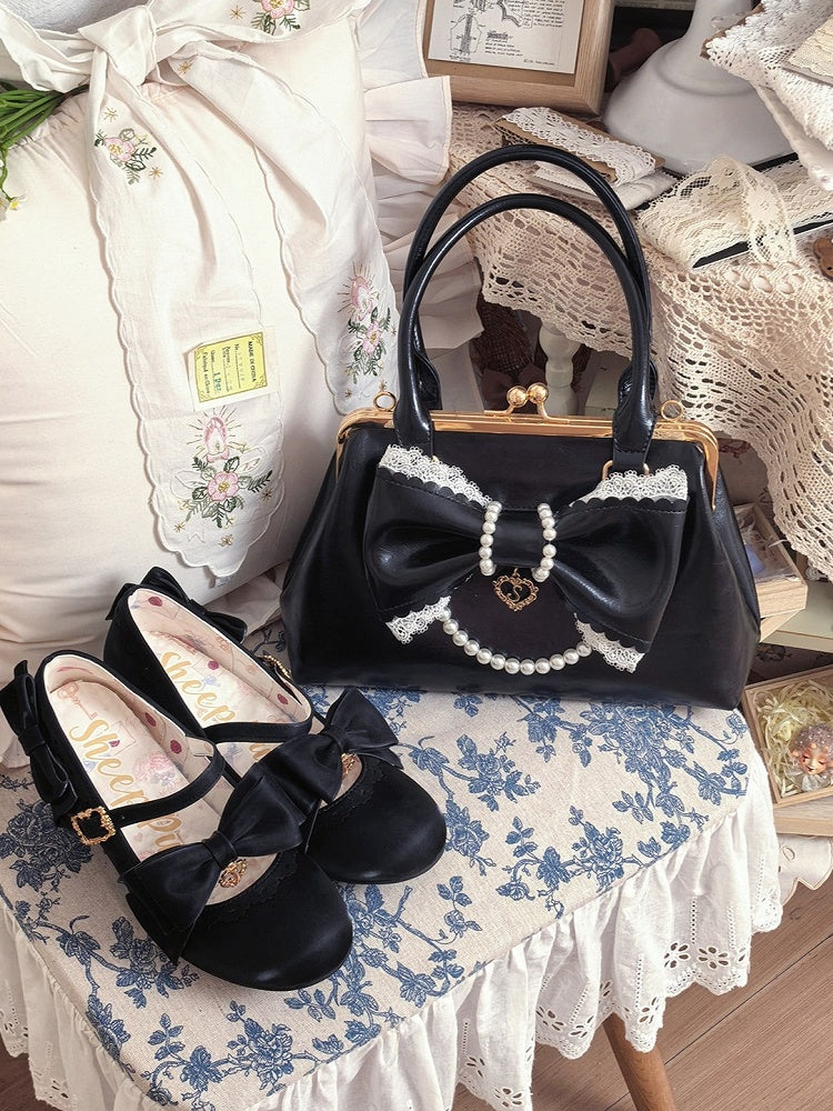 Onyx Pearl and Bow Embellished Lolita Purse - Sheep Puff Bag
