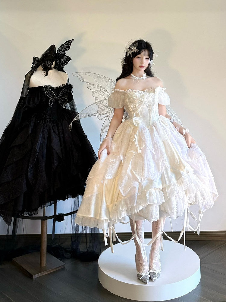 White Butterfly Motif Puff Sleeve Lolita Top and Asymmetrical Hem Skirt Set - Sweet Wood Lolita