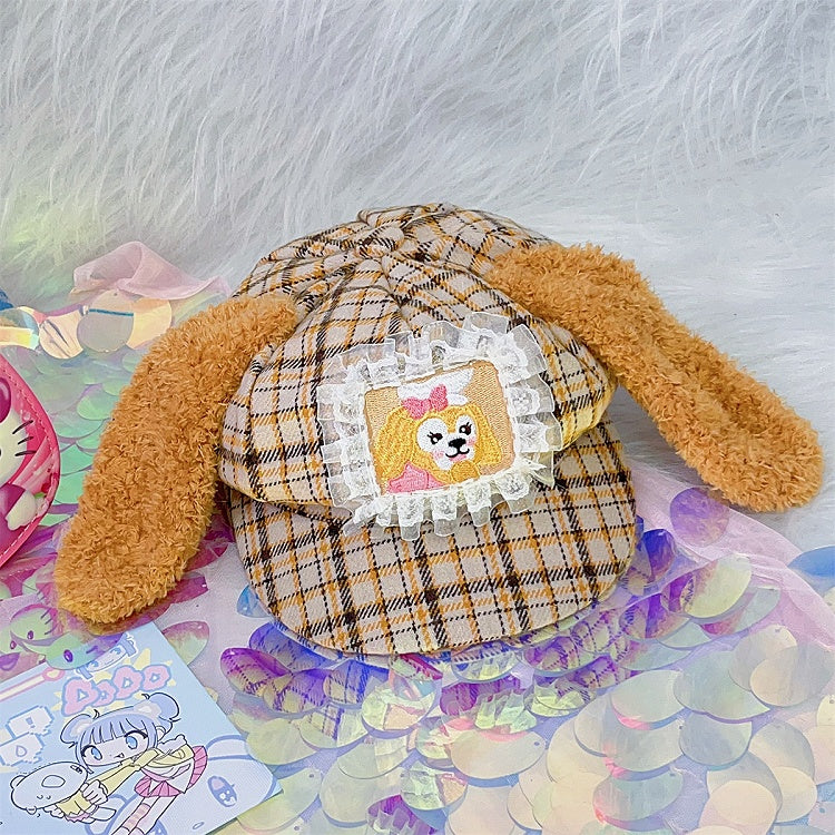 Yellow Plaid Pattern Puppy Plush Ears Adjustable Beret