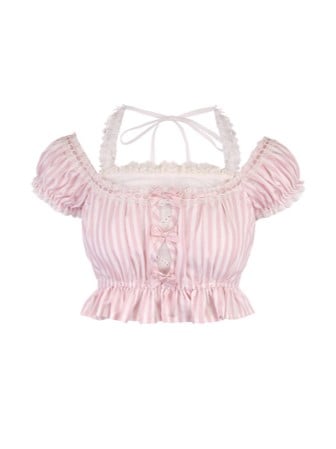 Rosa gestreifte Puffspitze mit Schleifenakzenten und Neckholder-Ärmeln