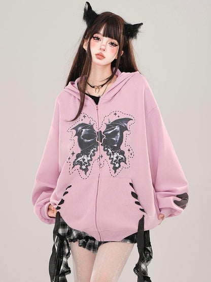 Apricot/Pink Bat Wings Bow Print Zip Hoodie