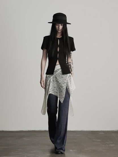 Goth Skirted Urban Denim-Like Pants Cincher Asymmetrical White Blue Lace Flared with Waist Dark