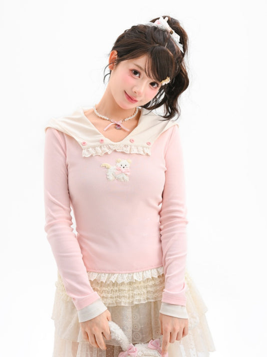 Rosa Plüsch-Top mit Welpenmuster und Rüschenbesatz aus Spitze