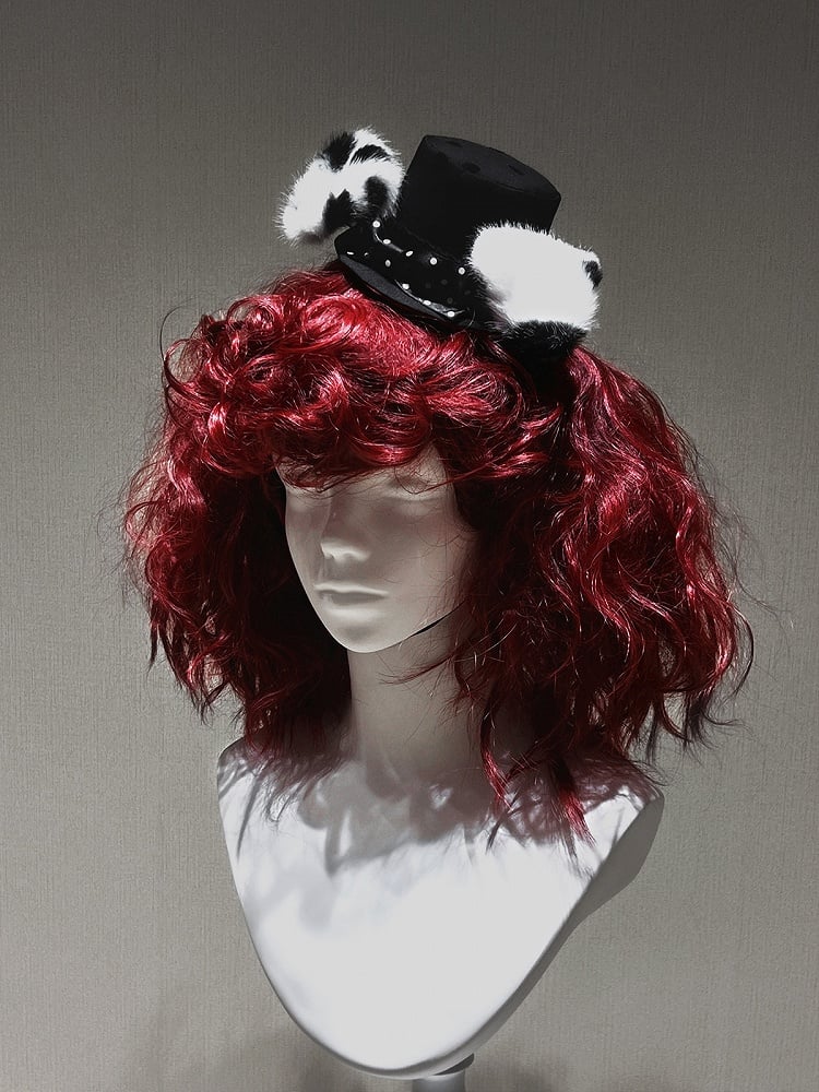 Black White Polka Dot Gothic Lolita Mini Hat with Plush Ear Accents - Tan Tuan