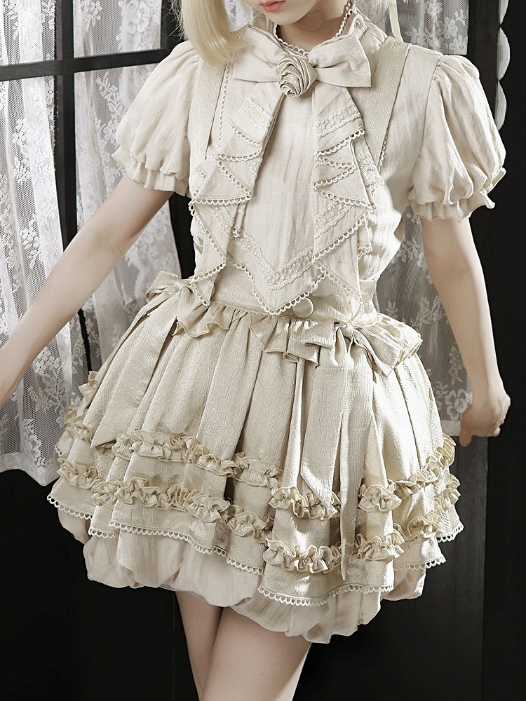 Bow and Ruffle Detail Bubble Skirt with Cross Straps in Beige - Unknown Star