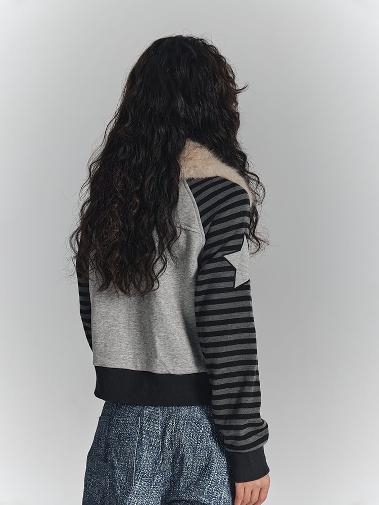 Punk Striped Fur Gray Wing Faux Print Collar Zip-Up Sleeves with Jacket