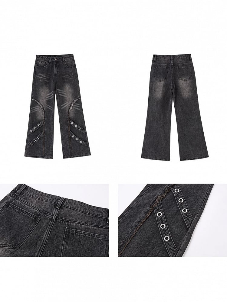Punk Strips Denim Faded with Jeans Diagonal Raw Black Hem Wash Metal Eyelet