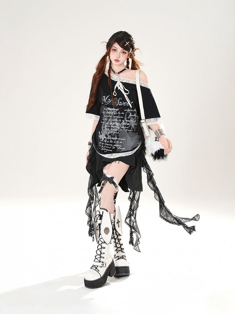 Lockeres, asymmetrisches T-Shirt mit Spitzenbesatz und Schmetterlingsdruck in Schwarz/Weiß