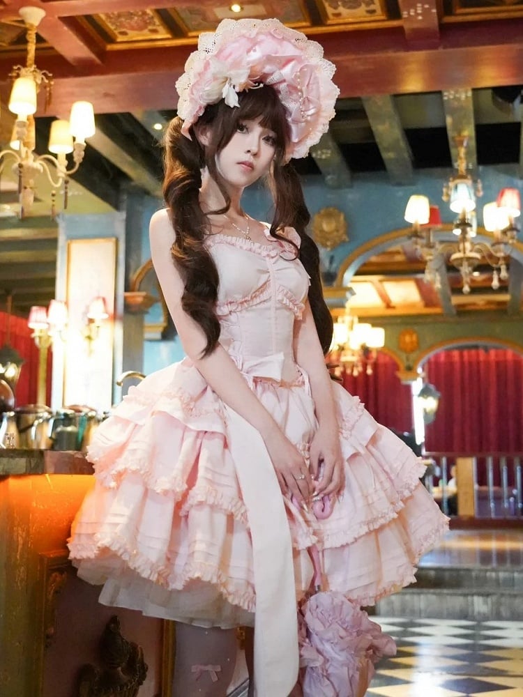 with Lingt Pink Lolita Accents Boned Dress JSK Flower Ruffle Layered
