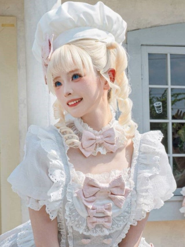 Pink & White Lolita Choker with Lace Trim and Bow Decoration - Asleep Townlet