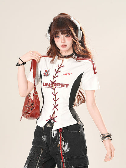 ホワイト レースアップフロント スリムフィット Tシャツ