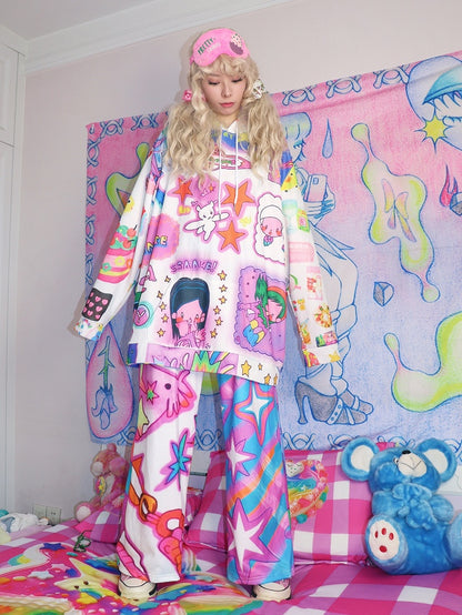 カットアンドプリントのカラフルな漫画パンツスターY2Kワイドレッグ