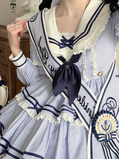 Ribbon White Dark Blue / Embroidered