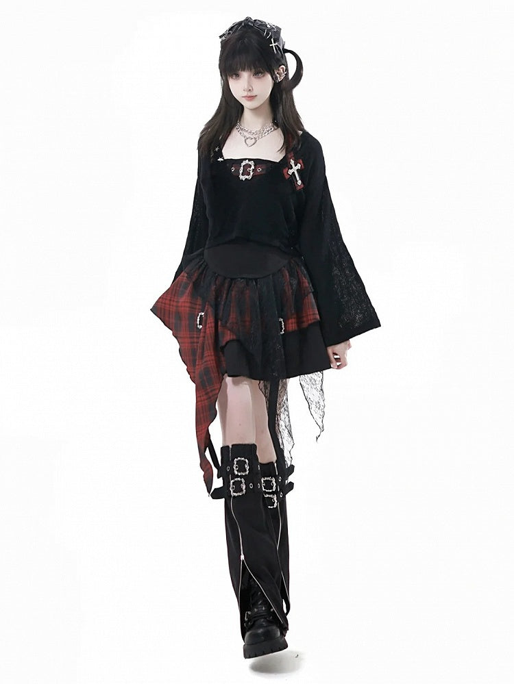 Red / Lace Buckle Straps Handkerchief Plaid Studs Star Core with Idol Hem Y2K - Black Skirt