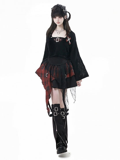 Red / Lace Buckle Straps Handkerchief Plaid Studs Star Core with Idol Hem Y2K - Black Skirt