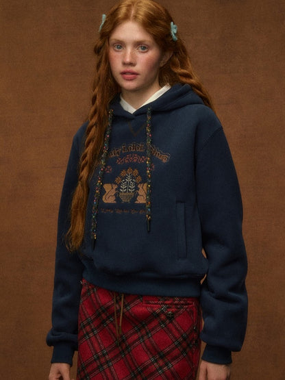 Squirrel Hoodie - Embroidery Blue with Navy Vintage Preppy Style