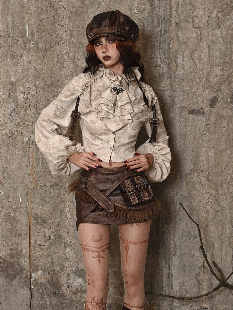 フリルネックライン アプリコット スチームパンク バルーンスリーブ シャツ