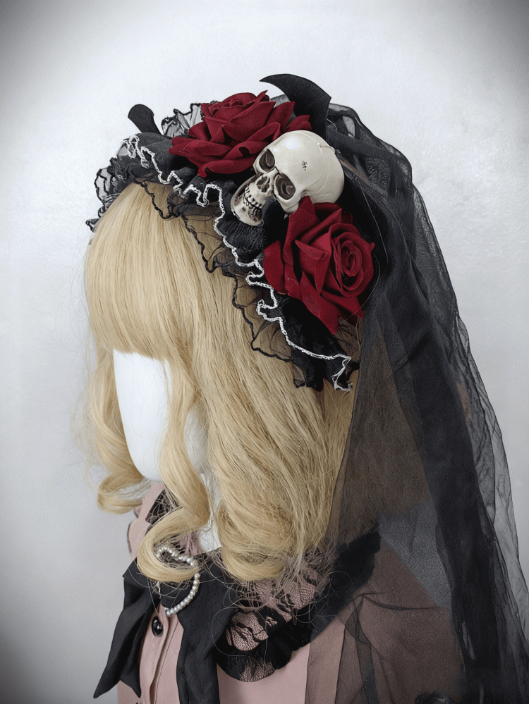 KC Lace + Detachable Black Gothic Skull Red Veil Rose