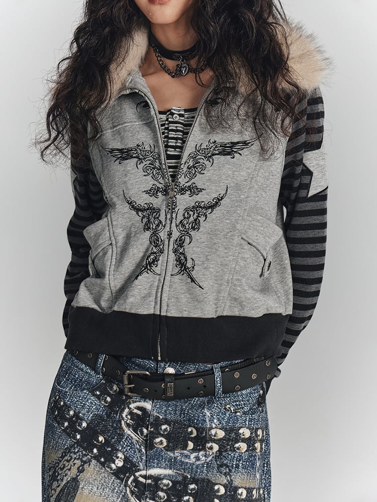 Punk Striped Fur Gray Wing Faux Print Collar Zip-Up Sleeves with Jacket