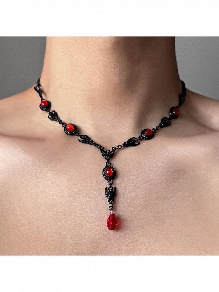 Black Gothic Necklace with Red Rhinestones - YSHXS