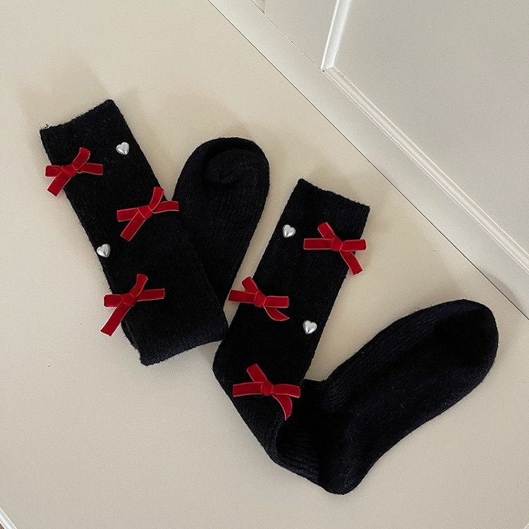 Stockings Accents Heart Ribbed with Bow