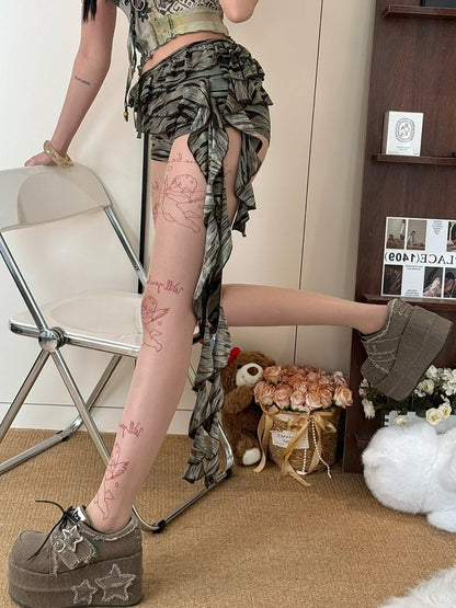 Nude Letter Print Tights And Cupid