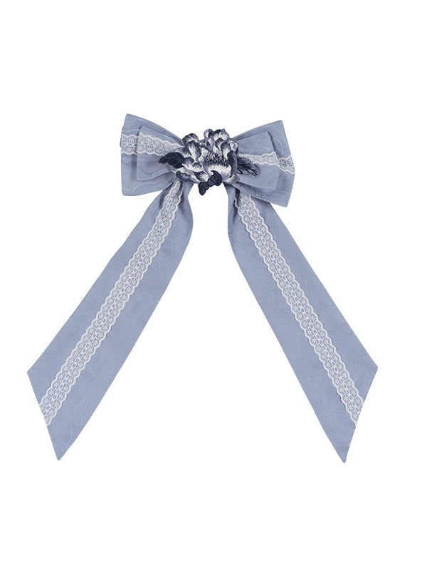 Blue Bow Floral Embroidered Brooch with Lace Accents - Yimu Walnut