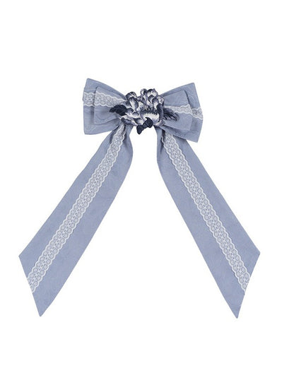 Blue Bow Floral Embroidered Brooch with Lace Accents - Yimu Walnut