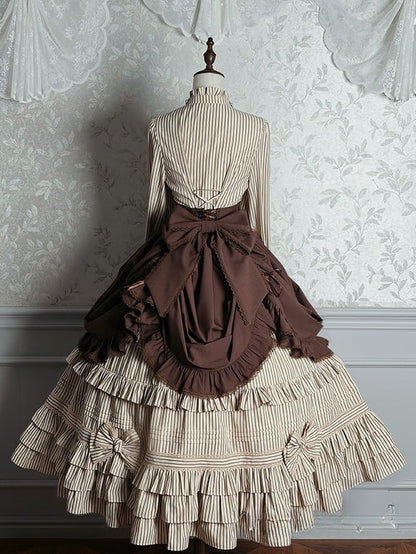 Ruffled Lolita Tie with Brown Bow Blouse Striped
