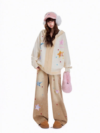 5-Color Casual Distressed Straight Jeans with Star Embroidery Decoration - Rayohopp