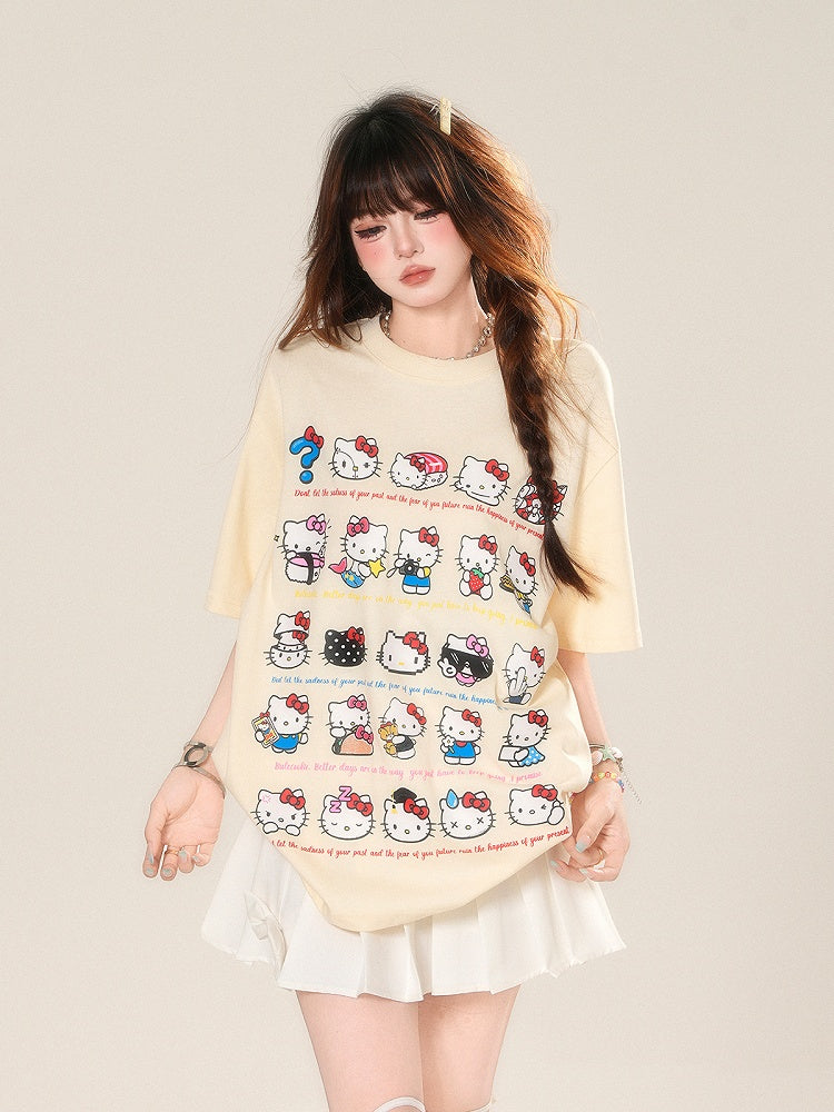 Aprikosenfarbenes, lockeres T-Shirt mit süßem Katzen-Print