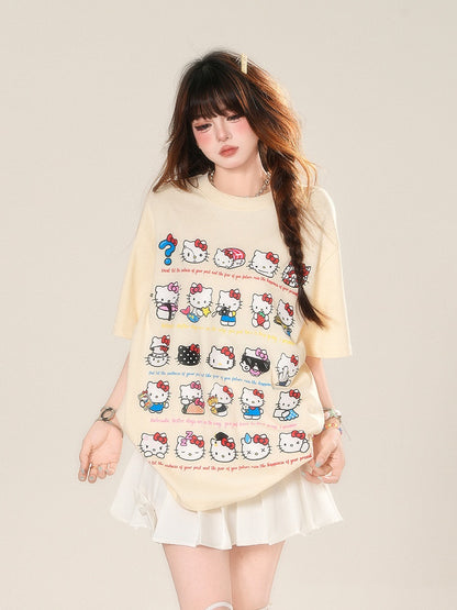 Aprikosenfarbenes, lockeres T-Shirt mit süßem Katzen-Print