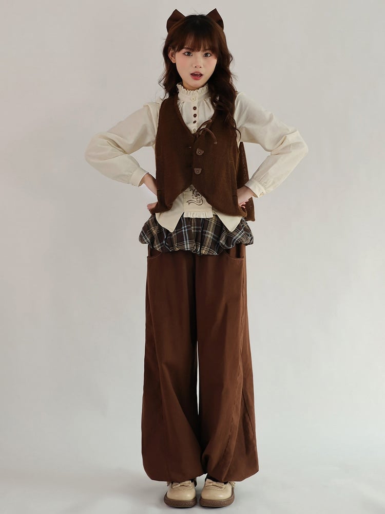 and Plaid Pants Detail Wide-Leg Brown Pockets Ruffle with