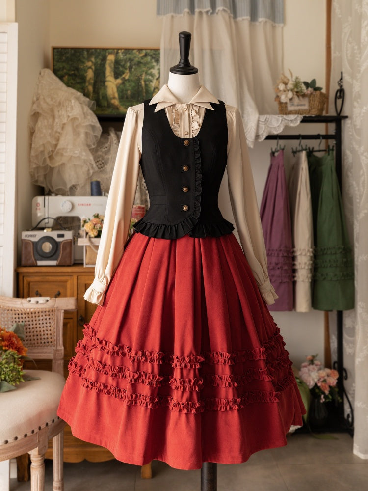 Black Ruffle-Trim Button-Front Waistcoat