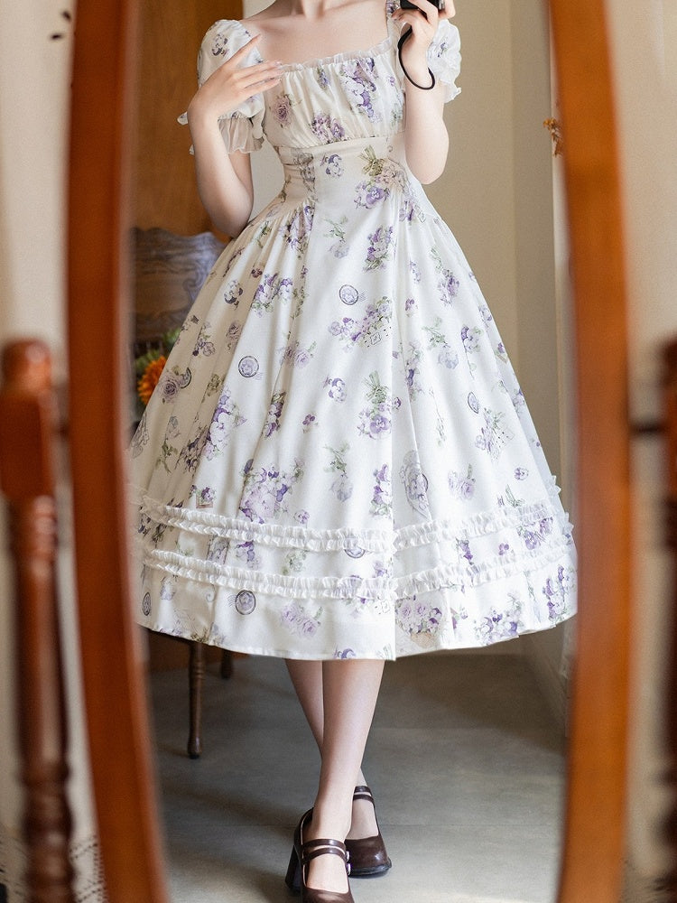 White Floral Puff-Sleeve One-Piece Lolita Dress - Forest Wardrobe